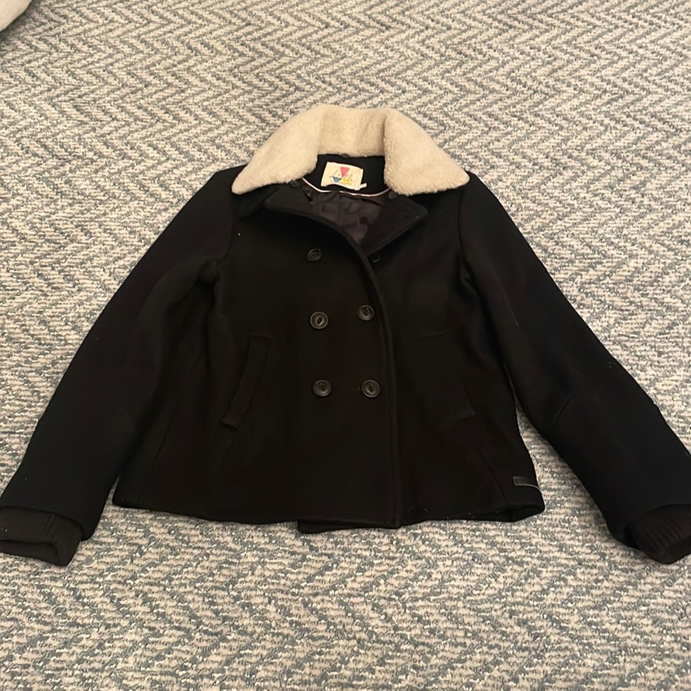 Little Eleven Paris Boys Size 8 Black Wool Pea Coat. Detachable collar